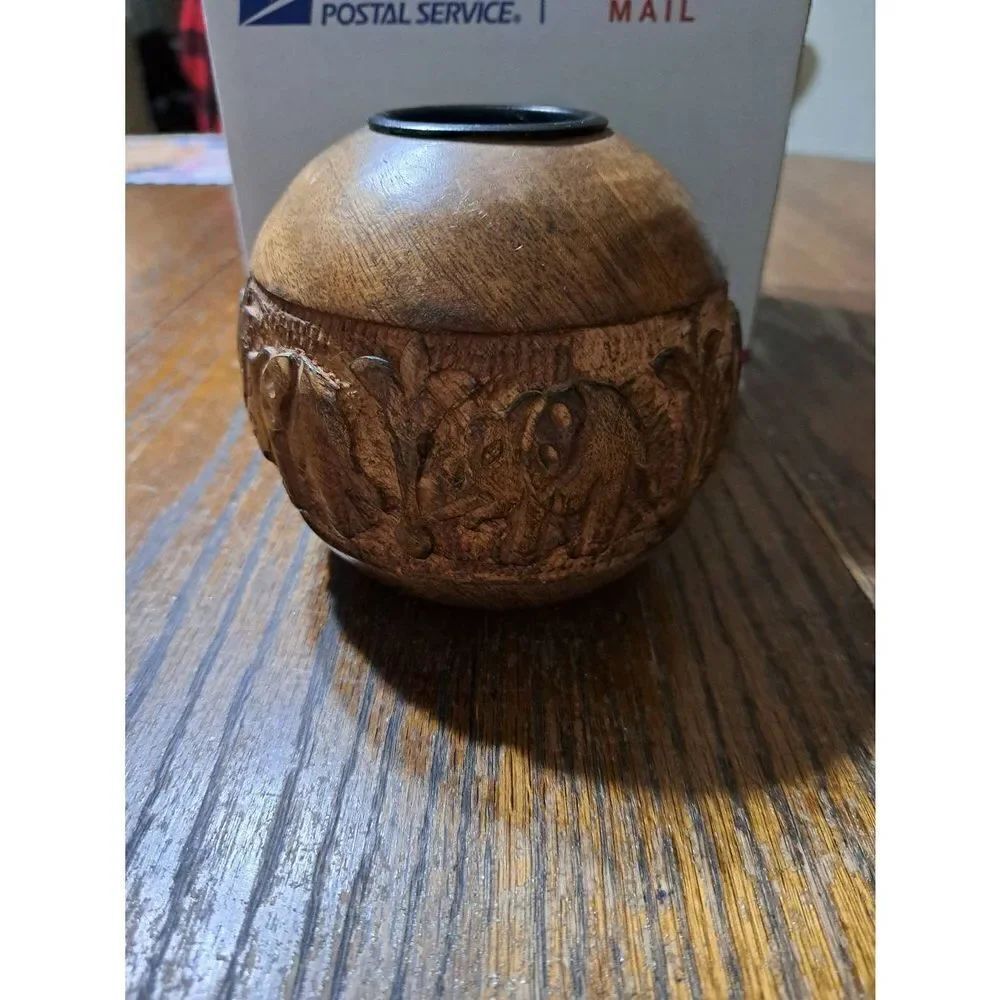 Vintage Hand Carved Rosewood Elephant Candle Votive Cup Holder Round Ball